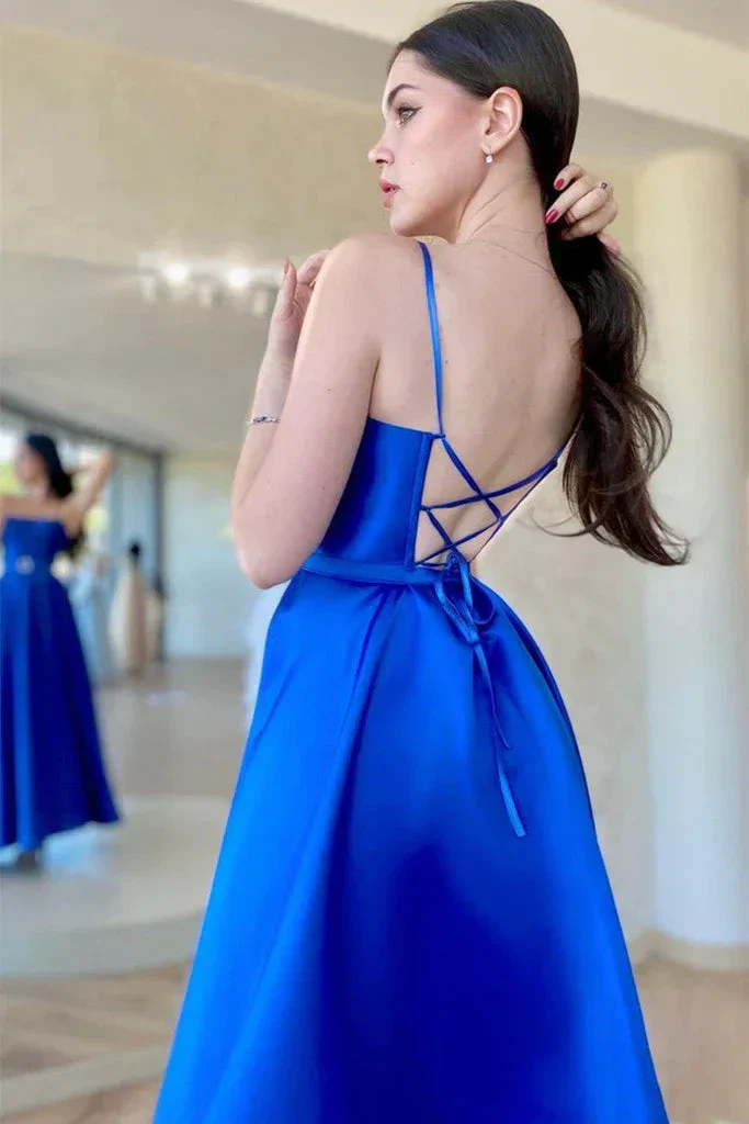 Backless Royal Blue Satin Long Prom Dress with High Slit, Backless Blue Formal Graduation Evening Dress Y203 - Image 3