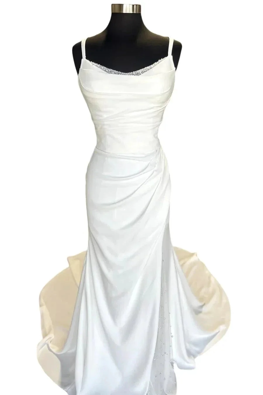 Backless Ruched White Wedding Dress with Detachable Sleeves WD718 - Image 2