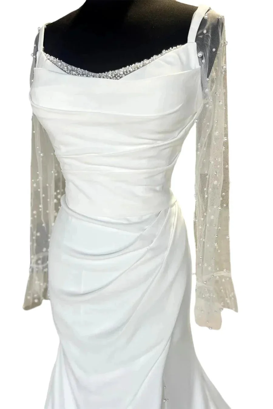 Backless Ruched White Wedding Dress with Detachable Sleeves WD718 - Image 3