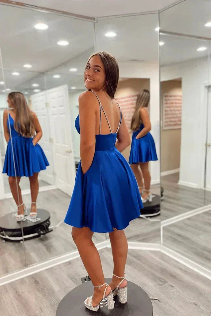Backless V Neck Royal Blue Prom Dress Royal Blue Short Homecoming Dress Y202 - Image 2