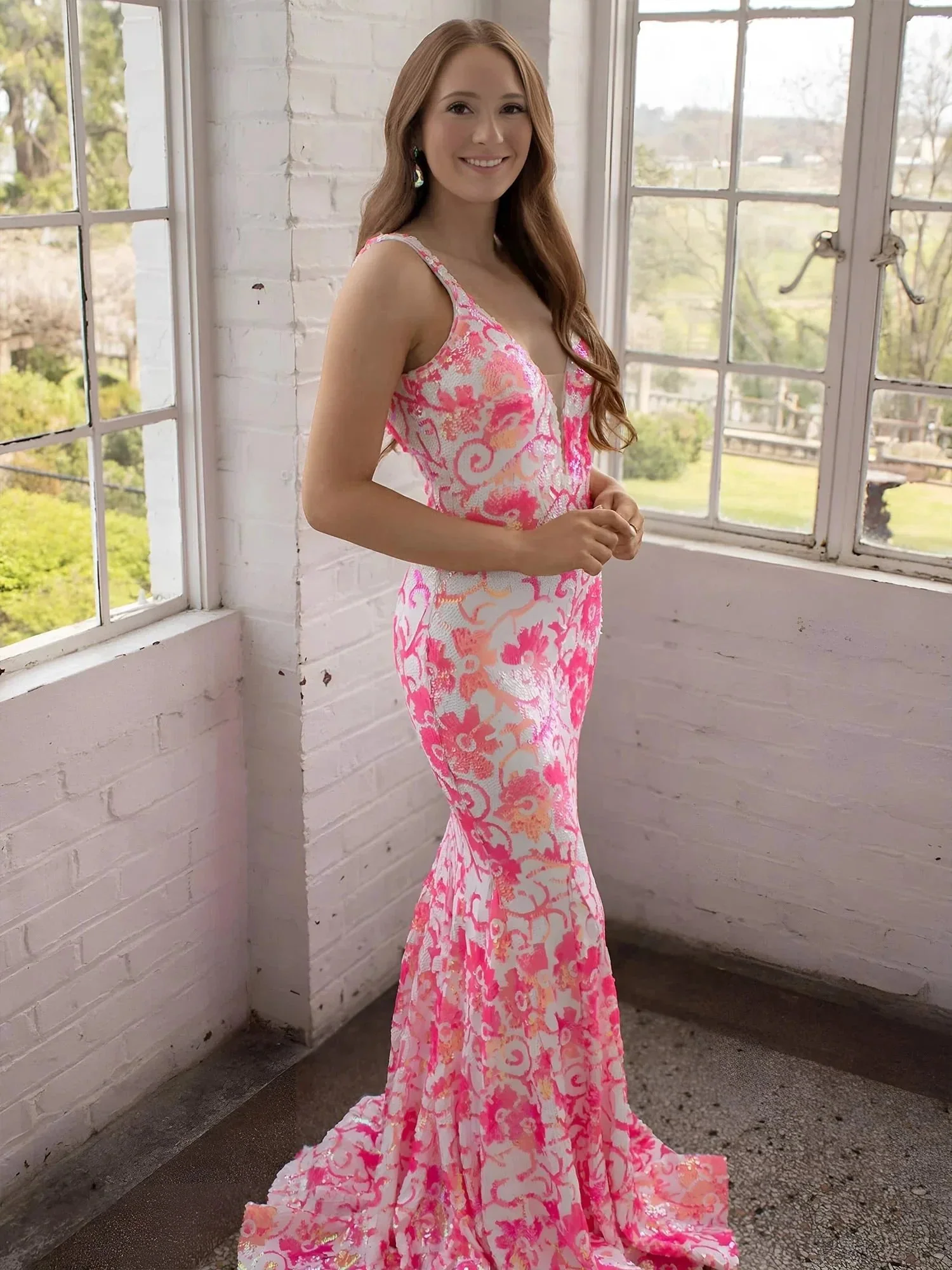 Bailey | Pink V Neck Sequin Lace Mermaid Prom Dress - Image 3