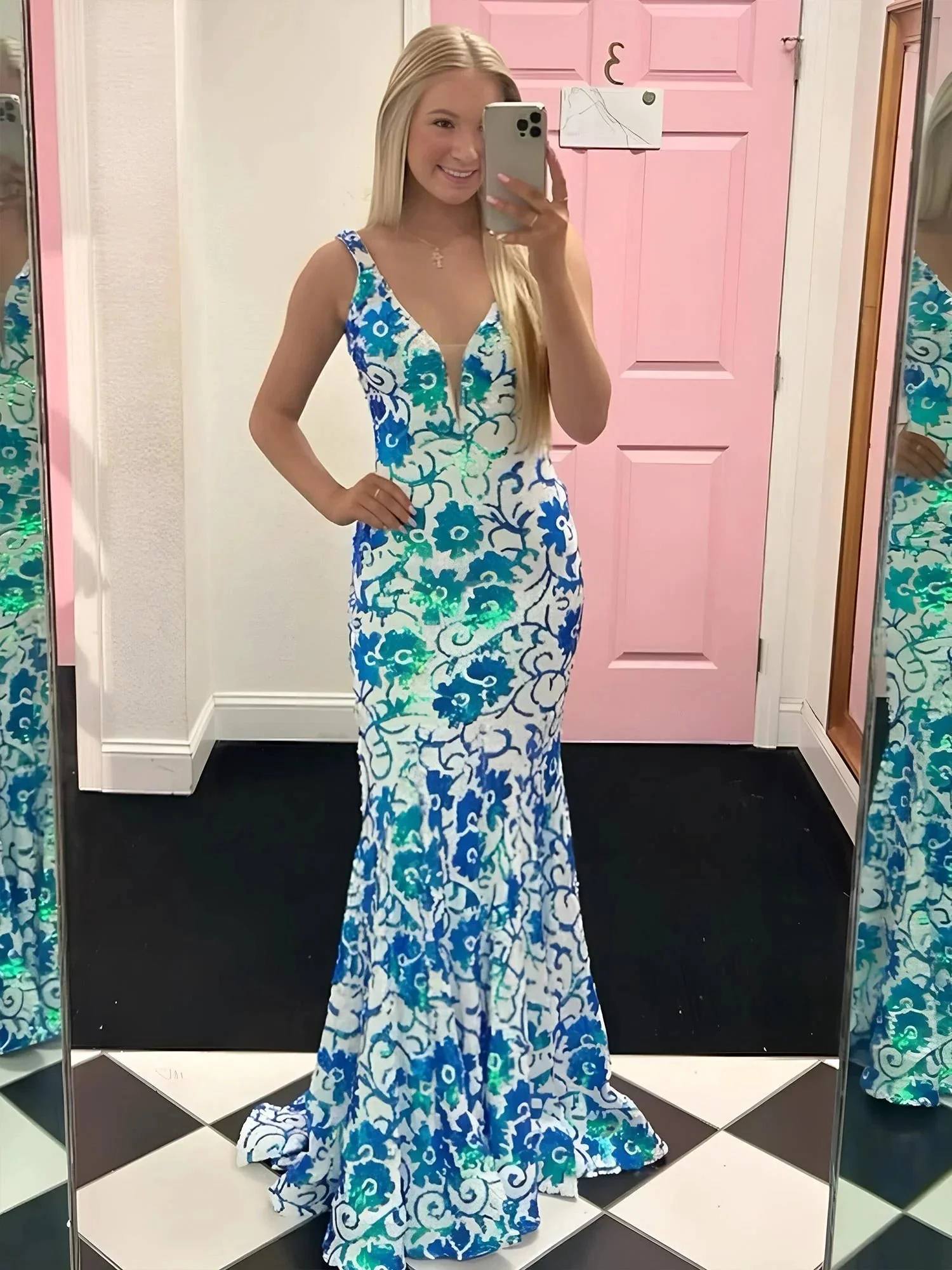 Bailey | Pink V Neck Sequin Lace Mermaid Prom Dress - Image 6