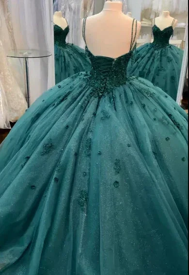Ball Gown Beaded Quinceanera Dress Spaghetti Straps Emerald Green Sweet 16 Dress Y1621 - Image 3