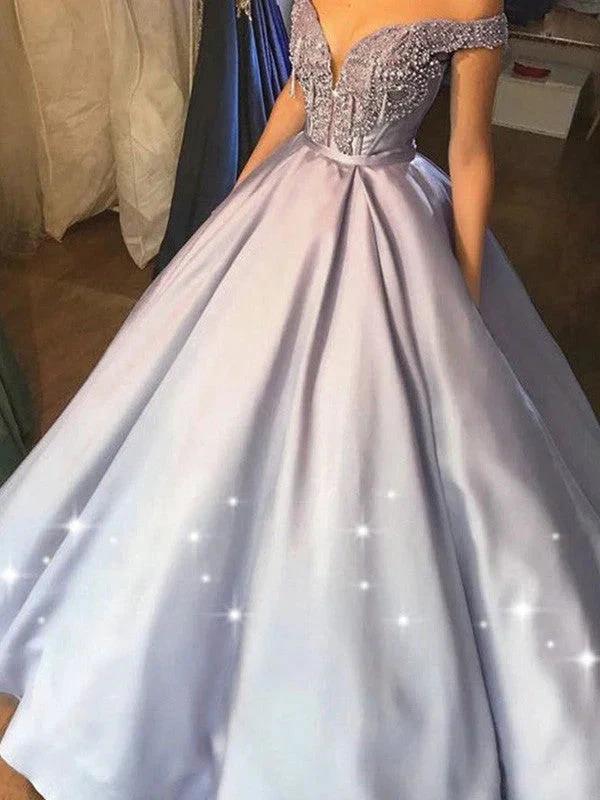 Ball Gown Beading Satin Off-the-Shoulder Sleeveless Floor-Length Prom Dresses - Image 2