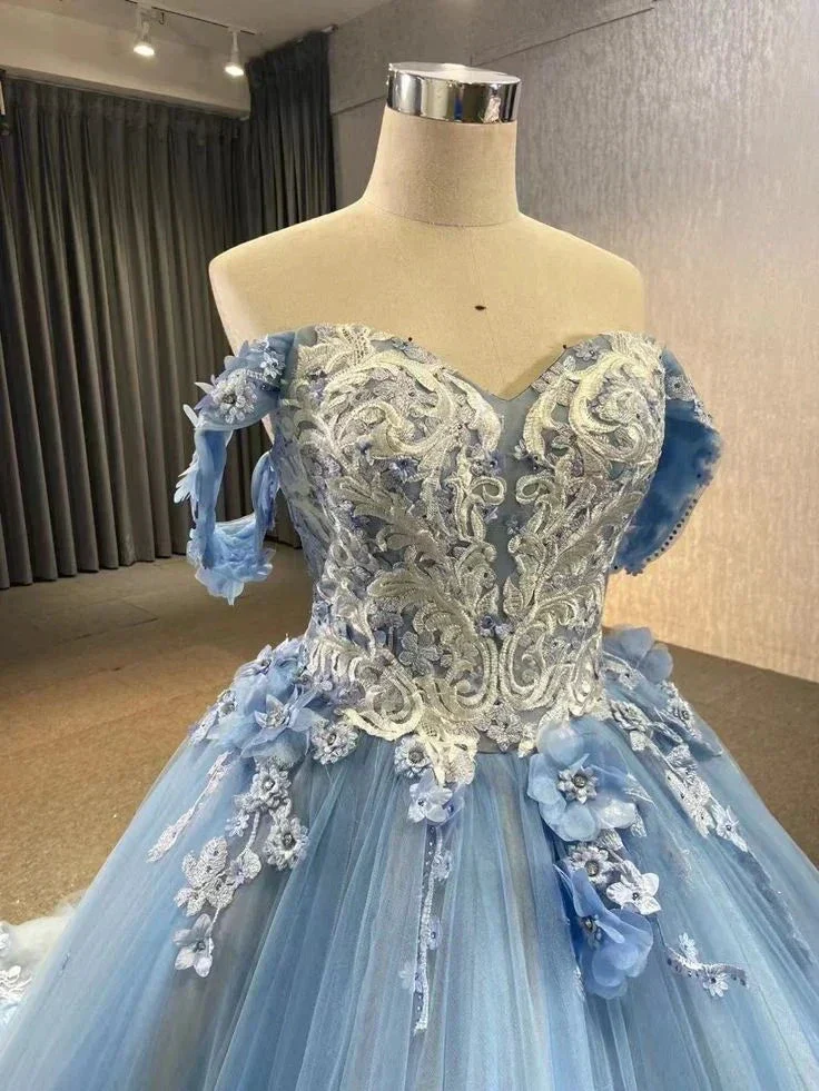 Ball Gown Blue Prom Dresses Lace Tulle Off Shoulder Evening Party Dress Y4561 - Image 2