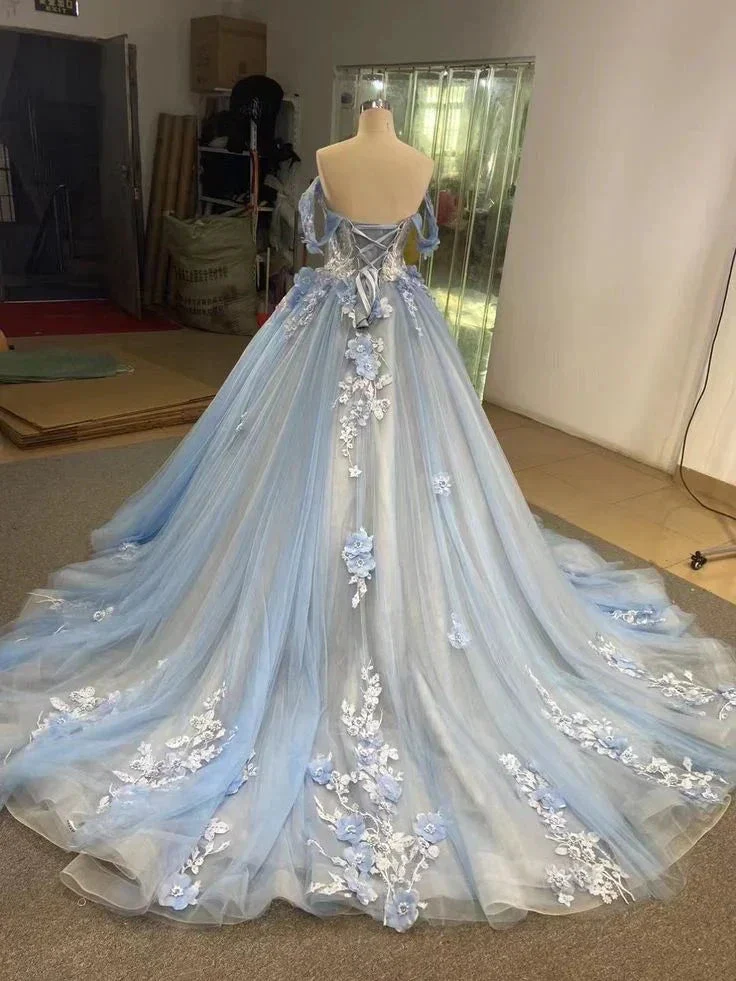 Ball Gown Blue Prom Dresses Lace Tulle Off Shoulder Evening Party Dress Y4561 - Image 3