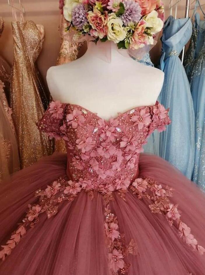 Ball Gown Dusty Pink Lace Prom Dresses Long Sweet 16 Dress Y683 - Image 2