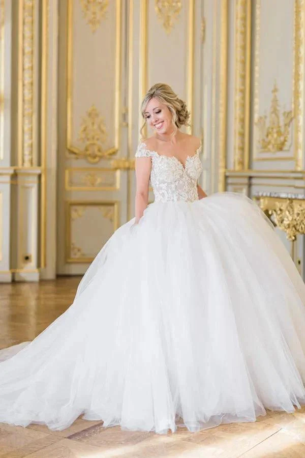 Ball Gown Elegant Cap Sleeves Lace Tulle Wedding Dress WD692 - Image 2