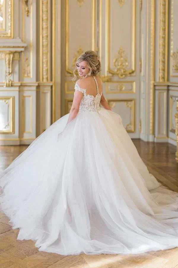 Ball Gown Elegant Cap Sleeves Lace Tulle Wedding Dress WD692 - Image 3
