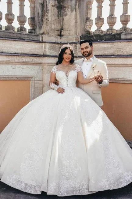 Ball Gown Floor-Length Stain Long Sleeve Appliques Sweetheart Tulle Wedding Dresses with Beadings - Image 2
