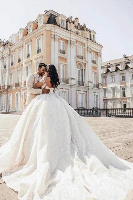 Ball Gown Floor-Length Stain Long Sleeve Appliques Sweetheart Tulle Wedding Dresses with Beadings - Image 3