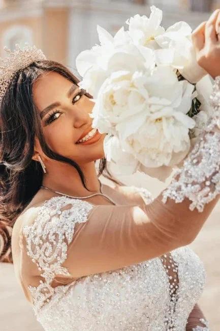 Ball Gown Floor-Length Stain Long Sleeve Appliques Sweetheart Tulle Wedding Dresses with Beadings - Image 5