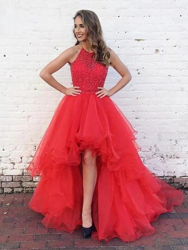 Ball Gown Halter Sleeveless Beading Tulle Prom Dresses - Image 2