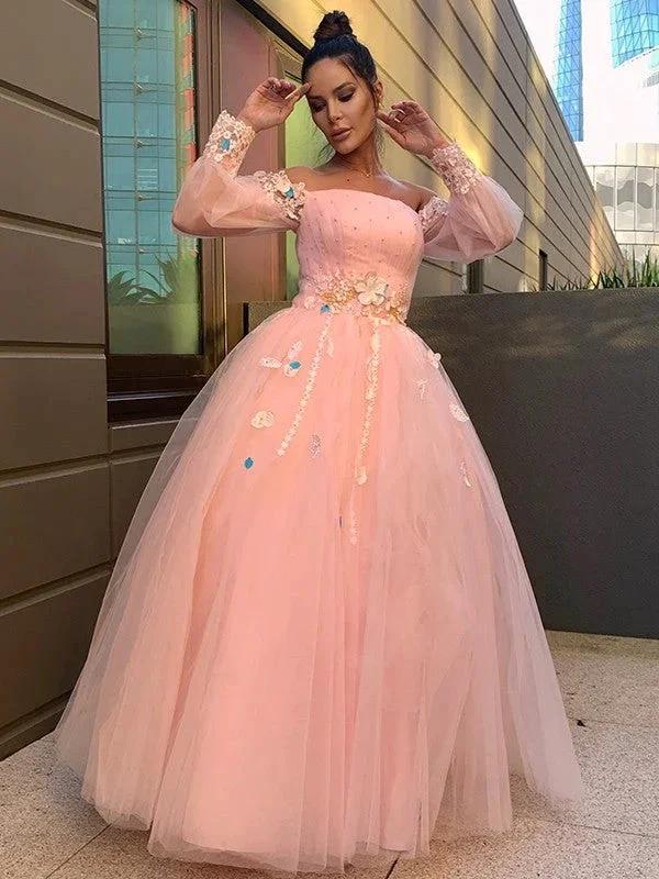 Ball Gown Hand-Made Flower Tulle Long Sleeves Off-the-Shoulder Floor-Length Prom Dresses - Image 2