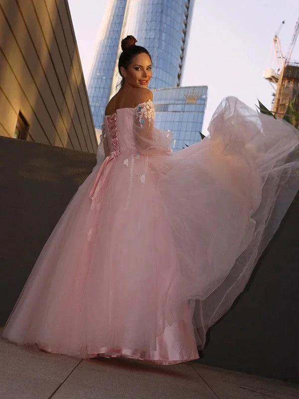 Ball Gown Hand-Made Flower Tulle Long Sleeves Off-the-Shoulder Floor-Length Prom Dresses - Image 3