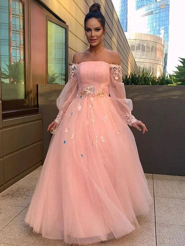 Ball Gown Hand-Made Flower Tulle Long Sleeves Off-the-Shoulder Floor-Length Prom Dresses - Image 4