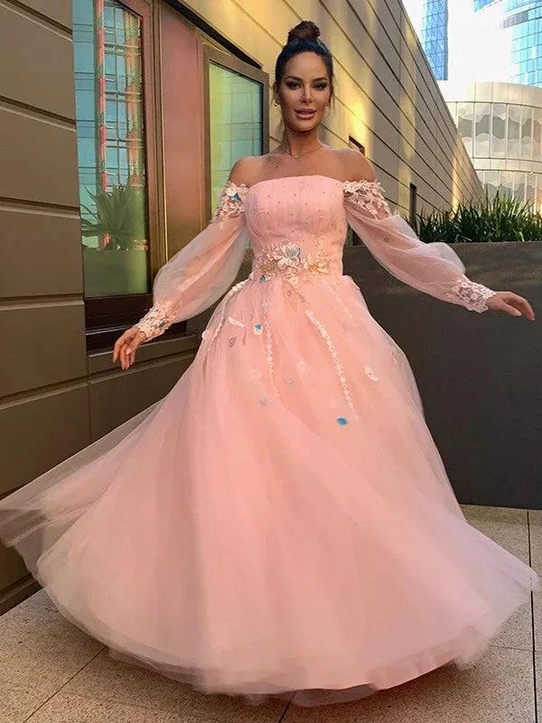 Ball Gown Hand-Made Flower Tulle Long Sleeves Off-the-Shoulder Floor-Length Prom Dresses - Image 5