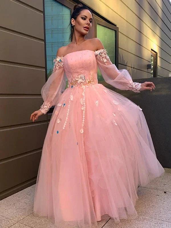 Ball Gown Hand-Made Flower Tulle Long Sleeves Off-the-Shoulder Floor-Length Prom Dresses - Image 6