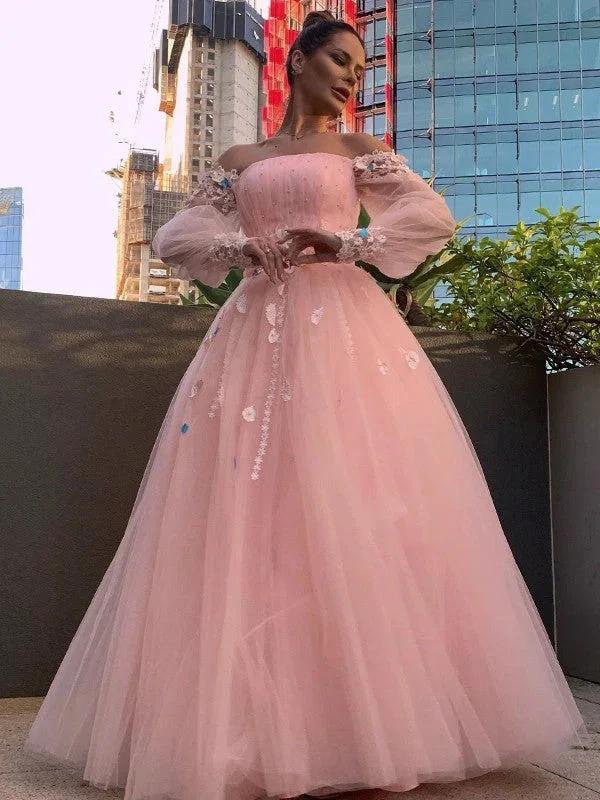 Ball Gown Hand-Made Flower Tulle Long Sleeves Off-the-Shoulder Floor-Length Prom Dresses - Image 8