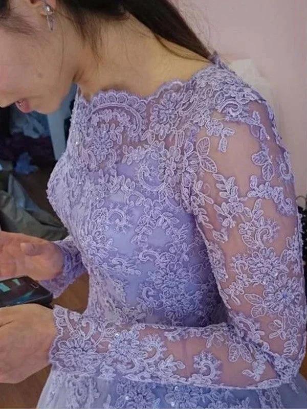 Ball Gown Jewel Long Sleeves Floor-Length Lace Tulle Prom Dresses - Image 2