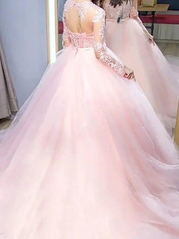 Ball Gown Jewel Long Sleeves Lace Tulle Prom Dresses - Image 2
