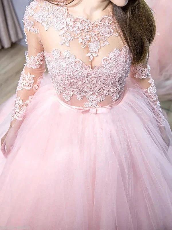 Ball Gown Jewel Long Sleeves Lace Tulle Prom Dresses - Image 3