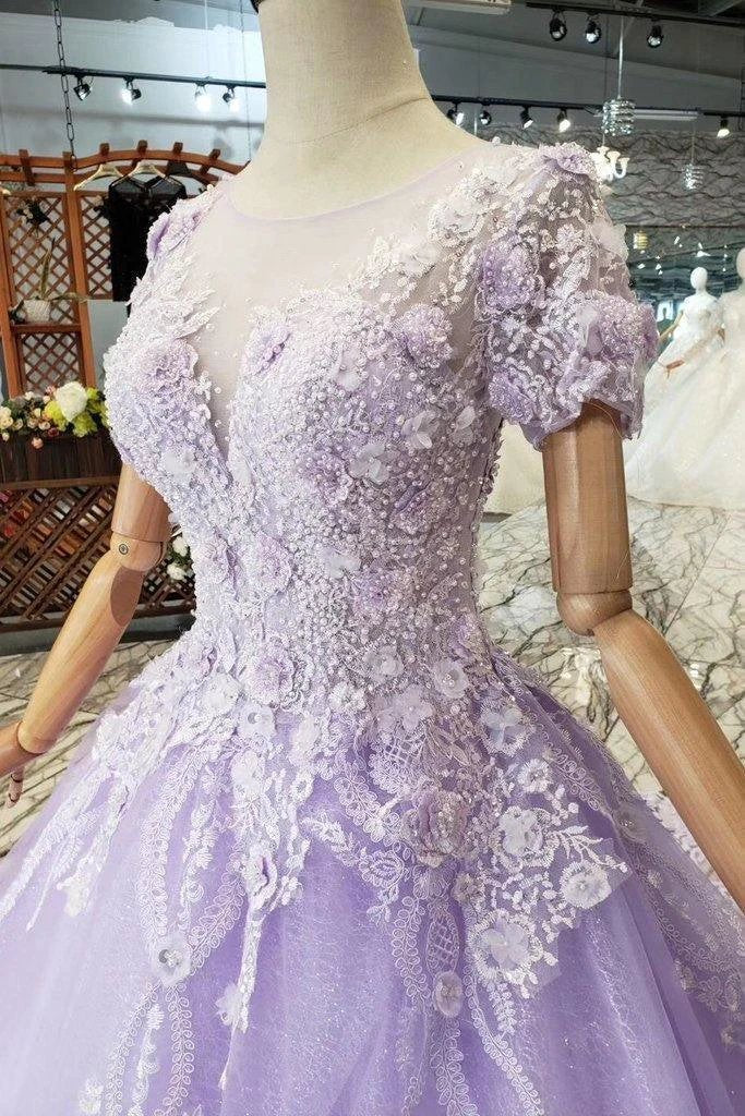 Ball Gown Lilac Short Sleeves Prom Dresses Wedding Dresses with Lace  PM244 - Image 2