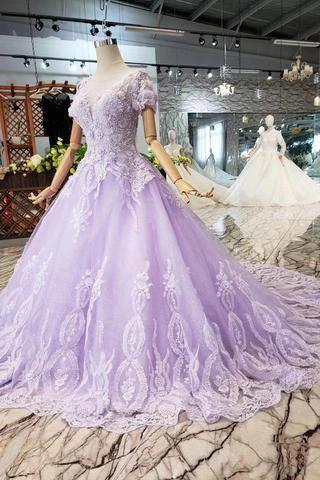 Ball Gown Lilac Short Sleeves Prom Dresses Wedding Dresses with Lace  PM244 - Image 3