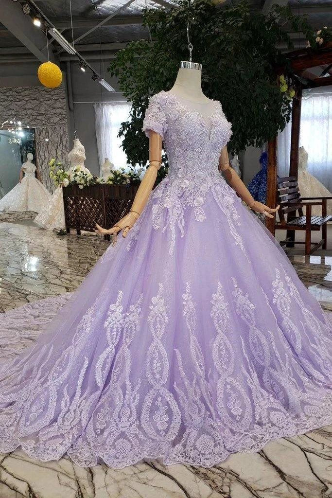 Ball Gown Lilac Short Sleeves Prom Dresses Wedding Dresses with Lace  PM244 - Image 4