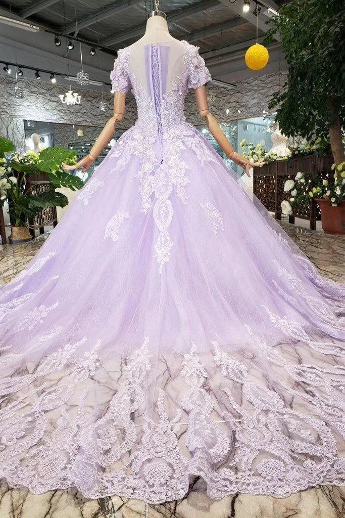 Ball Gown Lilac Short Sleeves Prom Dresses Wedding Dresses with Lace  PM244 - Image 5