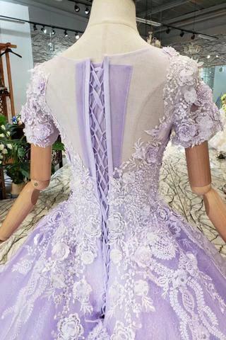 Ball Gown Lilac Short Sleeves Prom Dresses Wedding Dresses with Lace  PM244 - Image 6
