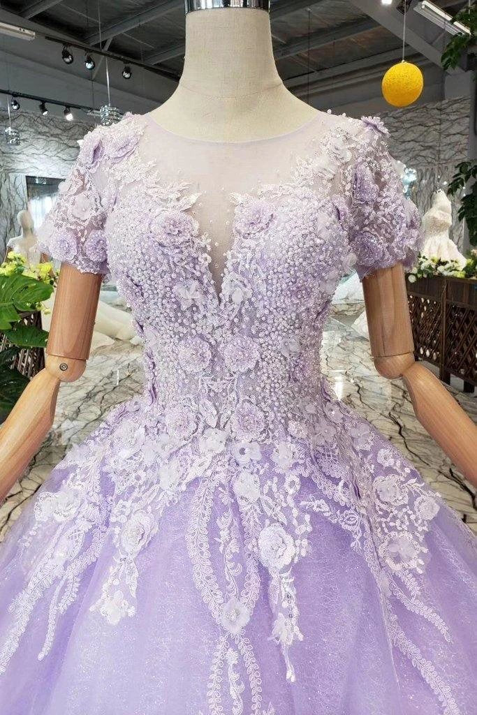 Ball Gown Lilac Short Sleeves Prom Dresses Wedding Dresses with Lace  PM244 - Image 7