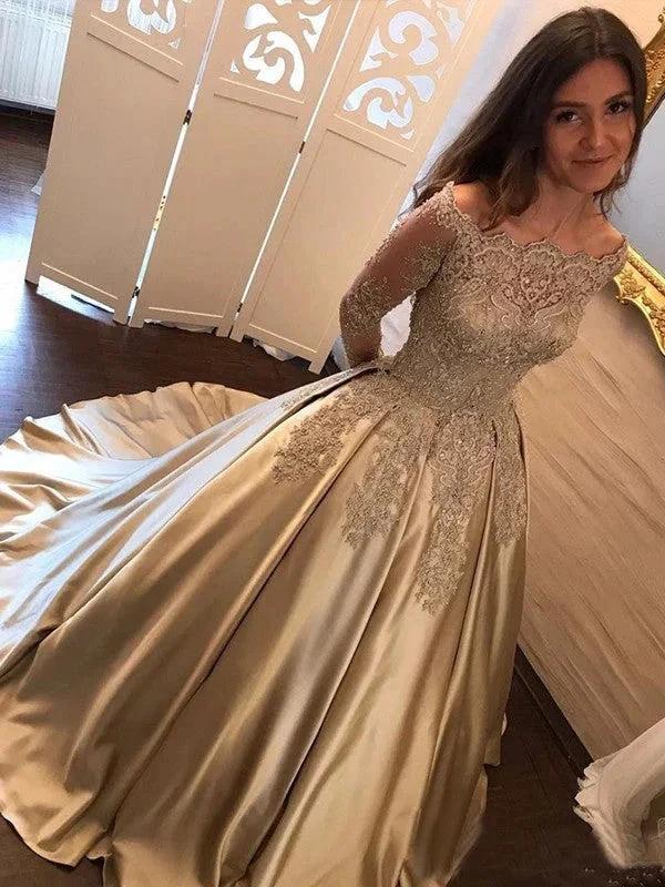 Ball Gown Long Sleeves Off-the-Shoulder Applique Satin Prom Dresses - Image 2