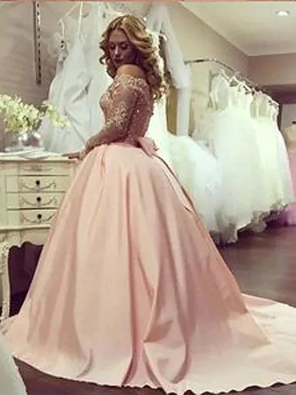 Ball Gown Long Sleeves Off-the-Shoulder Beading Satin Court Train Prom Dresses - Image 2