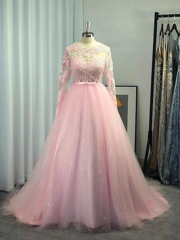 Ball Gown Long Sleeves Tulle Lace Jewel Prom Dresses - Image 2