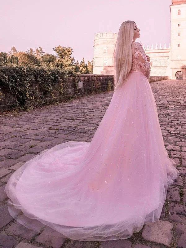 Ball Gown Long Sleeves Tulle Lace Jewel Prom Dresses - Image 3