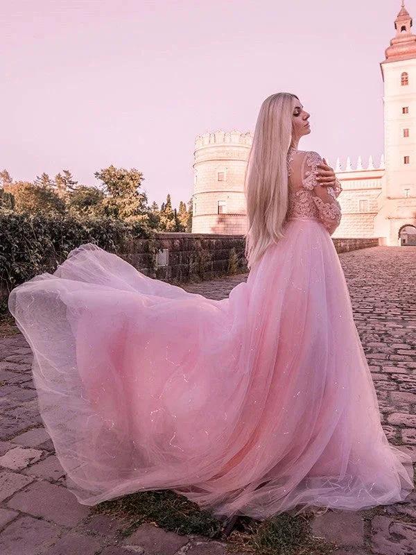 Ball Gown Long Sleeves Tulle Lace Jewel Prom Dresses - Image 4