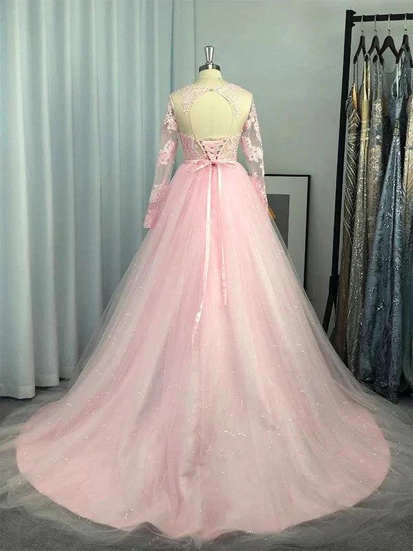 Ball Gown Long Sleeves Tulle Lace Jewel Prom Dresses - Image 6