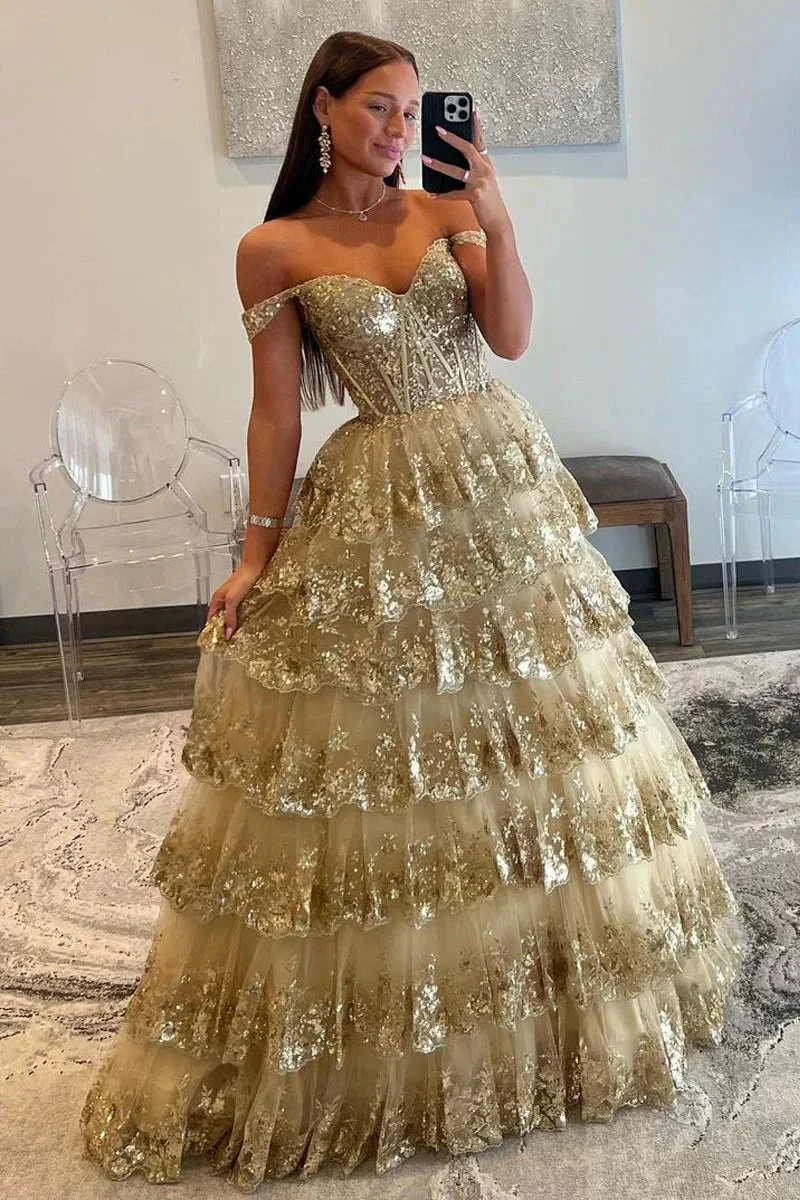 Leona |Princess Off the Shoulder Sequined Lace Prom Dress - Image 3