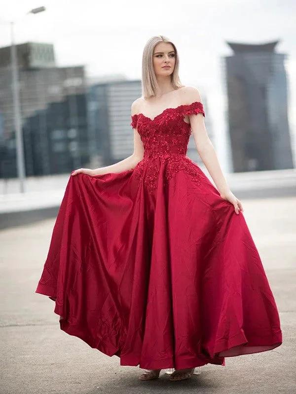 Ball Gown Off-the-Shoulder Satin Applique Sleeveless Floor-Length Prom Dresses - Image 2