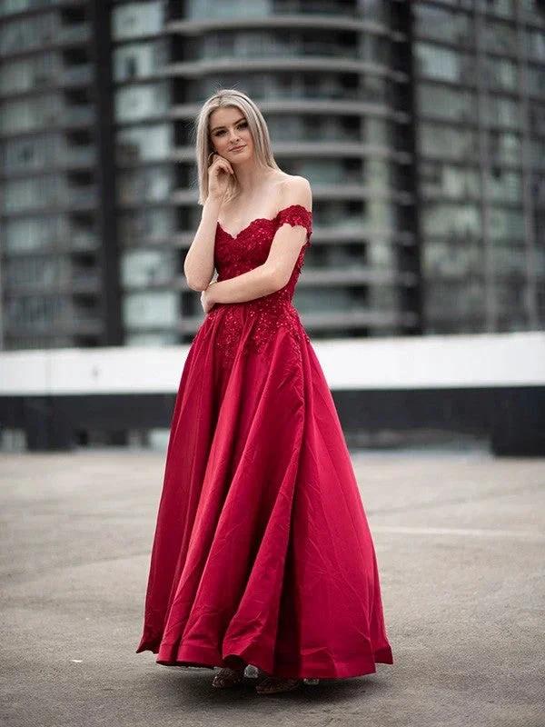 Ball Gown Off-the-Shoulder Satin Applique Sleeveless Floor-Length Prom Dresses - Image 3