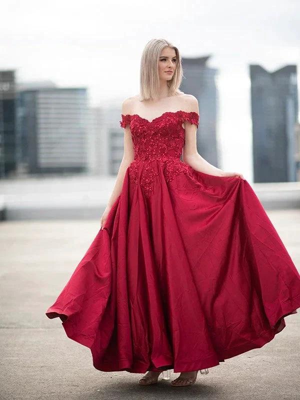 Ball Gown Off-the-Shoulder Satin Applique Sleeveless Floor-Length Prom Dresses - Image 6