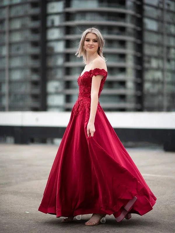 Ball Gown Off-the-Shoulder Satin Applique Sleeveless Floor-Length Prom Dresses - Image 7