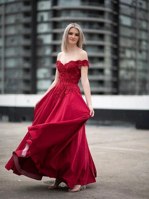 Ball Gown Off-the-Shoulder Satin Applique Sleeveless Floor-Length Prom Dresses - Image 8