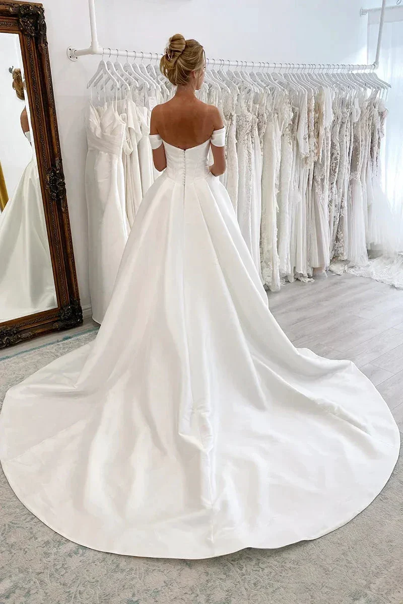Ball Gown Off The Shoulder Satin Simple Wedding Dress Bridal Gown  WD649 - Image 2