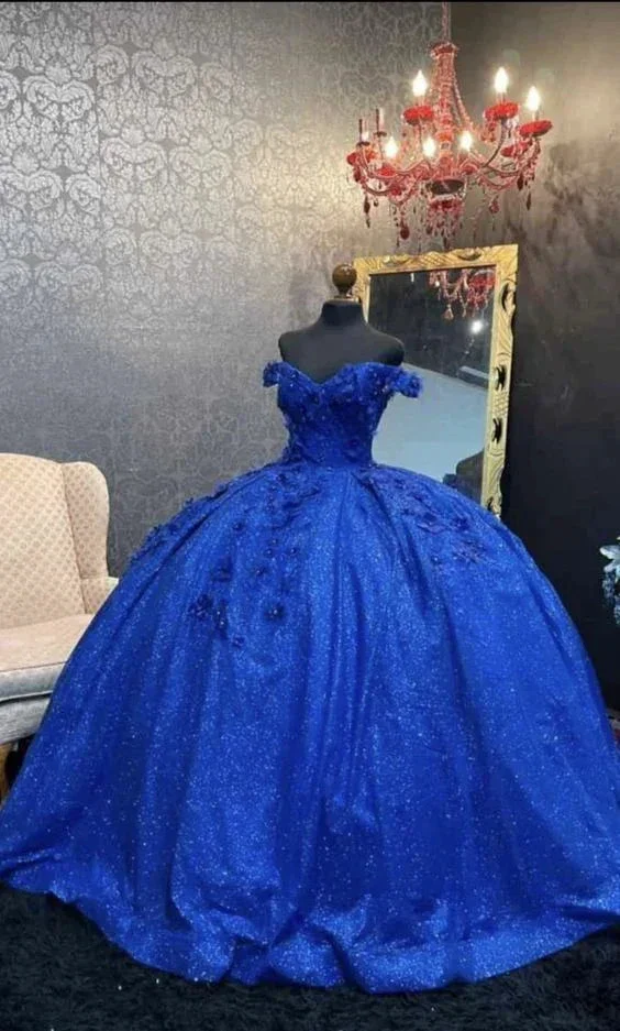 Ball Gown Off The Shoulder Sequin Quinceanera Dresses Royal Blue Sweet 16 Dress 3D Florals Y5564 - Image 2