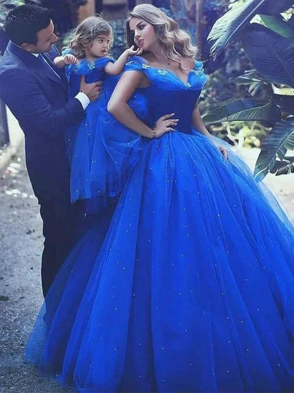 Ball Gown Off-the-Shoulder Sleeveless Floor-Length Beading Tulle Prom Dresses - Image 2