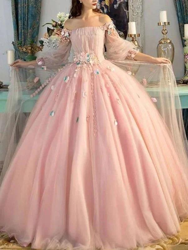 Ball Gown Off-the-Shoulder Tulle Long Sleeves Hand-Made Flower Floor-Length Prom Dresses - Image 2