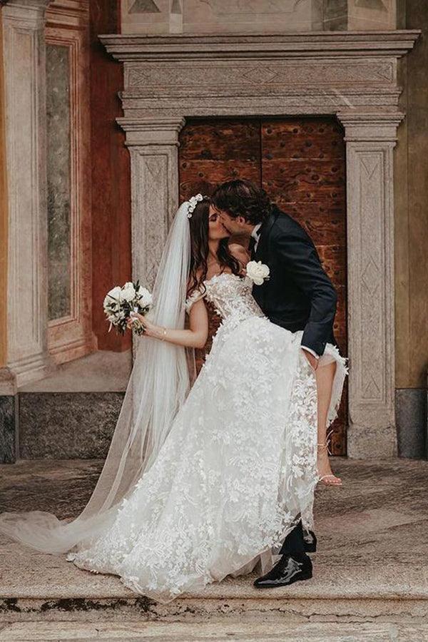 Ball Gown Off the Shoulder Tulle Wedding Dresses with Lace Appliques WD582 - Image 2