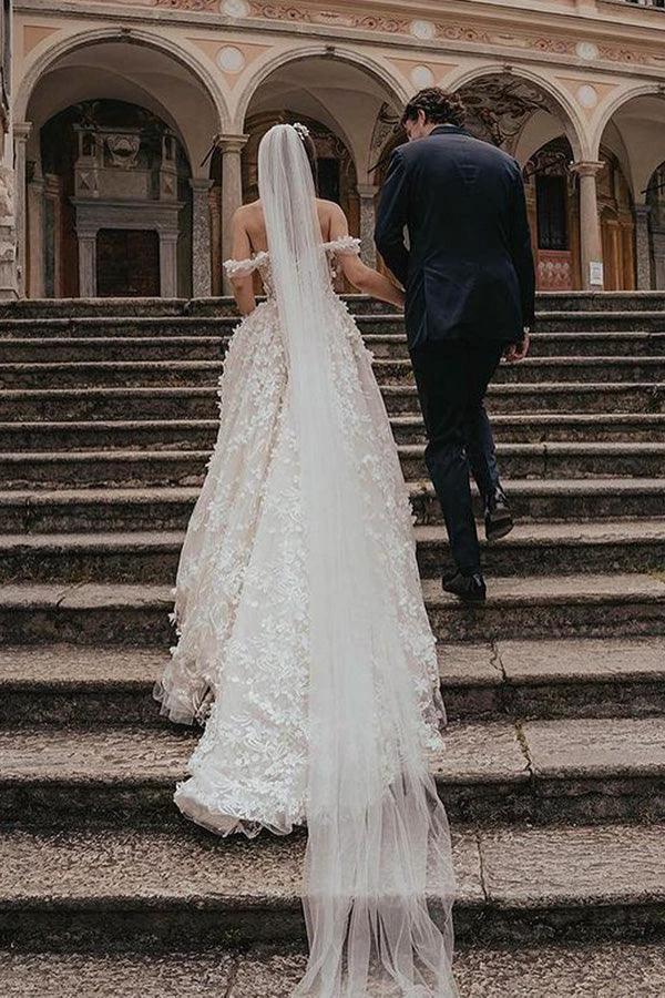 Ball Gown Off the Shoulder Tulle Wedding Dresses with Lace Appliques WD582 - Image 3